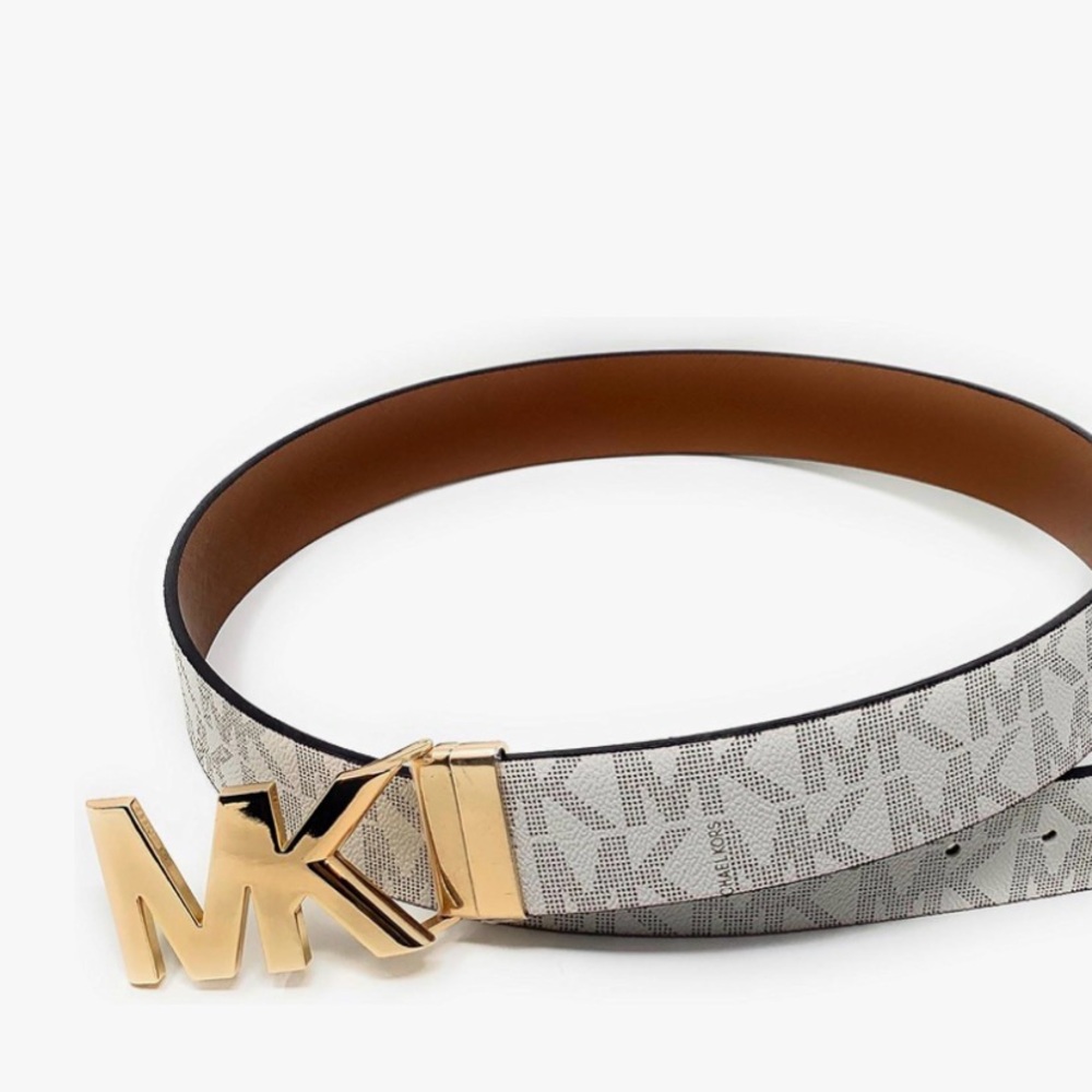 Michael Kors Signature Beige 1.25 Inch Logo Belt with Reversible MK Logo Plaque - Picture 3 of 6